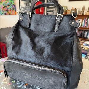 Handmade Genuine Leather & Calf Hair Satchel - Black| Horse in Polo, Italy